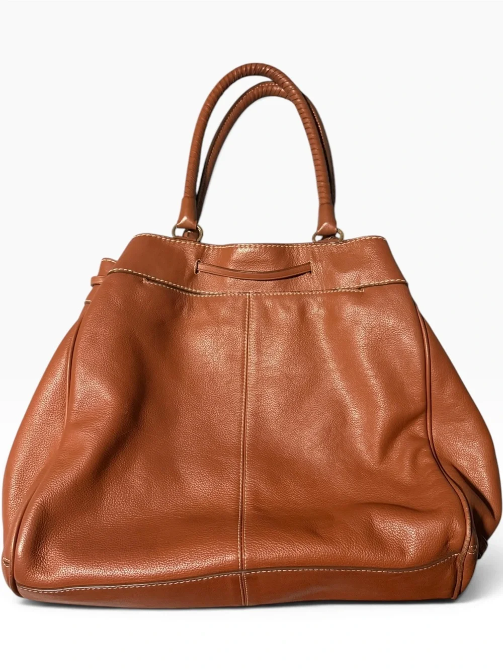Cole Haan Double Strap Hobo Leather Purse Drawstring Tassel Accent Brown